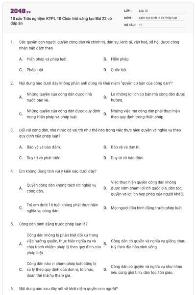 10 câu Trắc nghiệm KTPL 10 Chân trời sáng tạo Bài 22 có đáp án