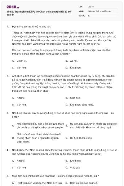 10 câu Trắc nghiệm KTPL 10 Chân trời sáng tạo Bài 23 có đáp án