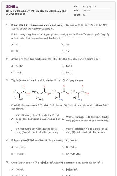 Đề thi thử tốt nghiệp THPT môn Hóa Cụm Hải Dương ( Lần 2) 2025 có đáp án
