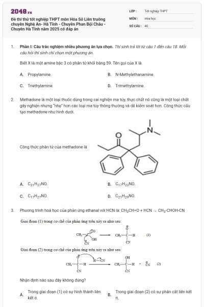 Đề thi thử tốt nghiệp THPT môn Hóa Sở Liên trường chuyên Nghệ An- Hà Tĩnh - Chuyên Phan Bội Châu - Chuyên Hà Tĩnh năm 2025 có đáp án