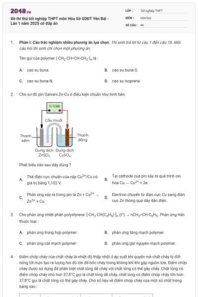 Đề thi thử tốt nghiệp THPT môn Hóa Sở GDĐT Yên Bái - Lần 1 năm 2025 có đáp án
