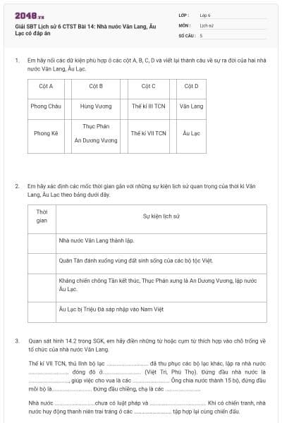 Giải SBT Lịch sử 6 CTST Bài 14: Nhà nước Văn Lang, Âu Lạc có đáp án