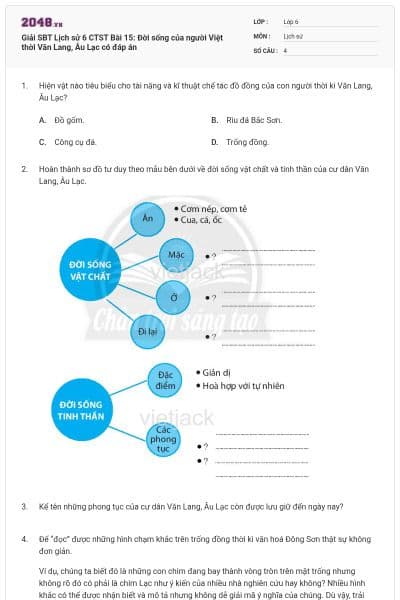 Giải SBT Lịch sử 6 CTST Bài 15: Đời sống của người Việt thời Văn Lang, Âu Lạc có đáp án
