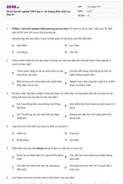 Đề thi thử tốt nghiệp THPT Địa lí - Sở Quảng Bình 2025 có đáp án