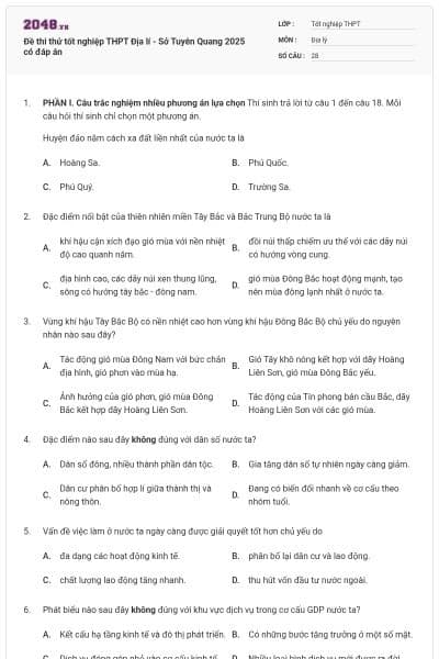 Đề thi thử tốt nghiệp THPT Địa lí - Sở Tuyên Quang 2025 có đáp án
