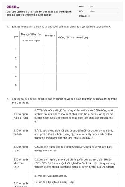 Giải SBT Lịch sử 6 CTST Bài 18: Các cuộc đấu tranh giành độc lập dân tộc trước thể kỉ X có đáp án