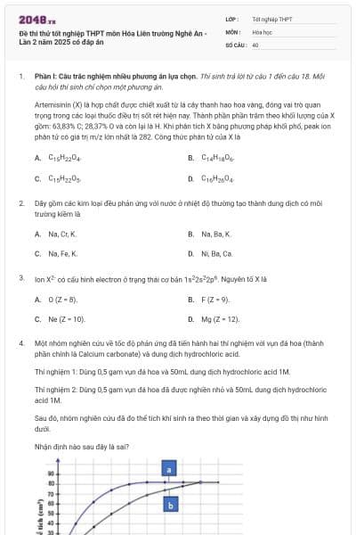 Đề thi thử tốt nghiệp THPT môn Hóa Liên trường Nghê An - Lần 2 năm 2025 có đáp án