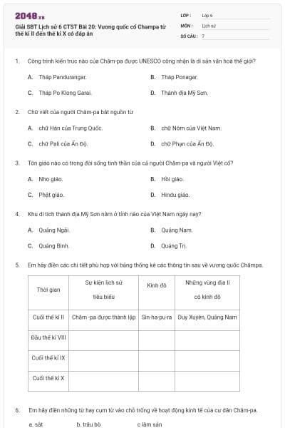 Giải SBT Lịch sử 6 CTST Bài 20: Vương quốc cổ Champa từ thế kỉ II đến thế kỉ X có đáp án