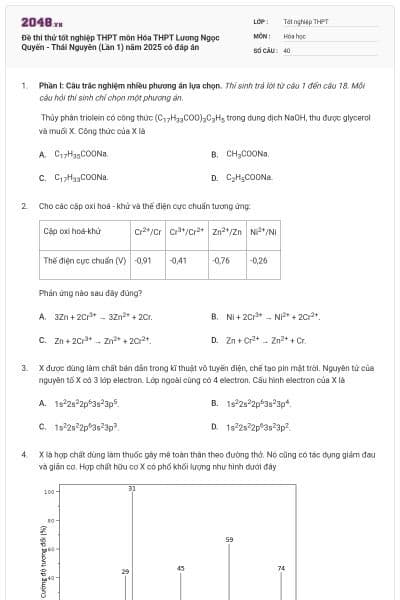 Đề thi thử tốt nghiệp THPT môn Hóa THPT Lương Ngọc Quyến - Thái Nguyên (Lần 1) năm 2025 có đáp án