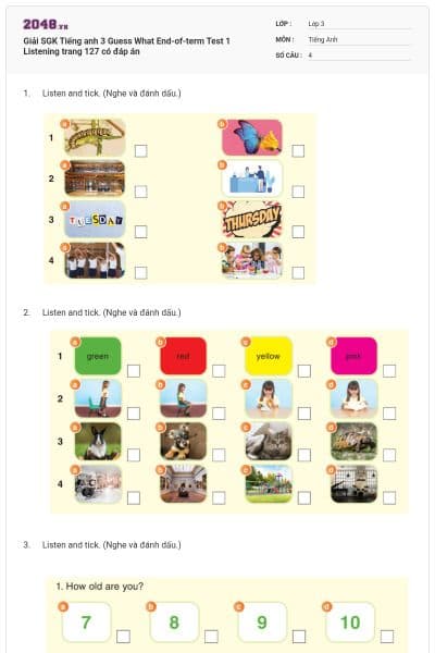 Giải SGK Tiếng anh 3 Guess What End-of-term Test 1 Listening trang 127 có đáp án