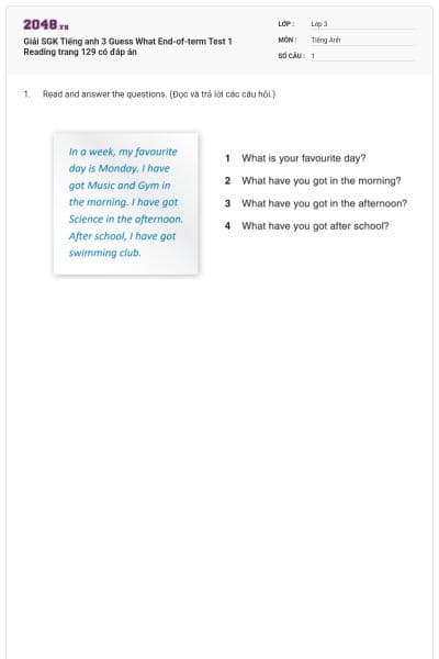 Giải SGK Tiếng anh 3 Guess What End-of-term Test 1 Reading trang 129 có đáp án