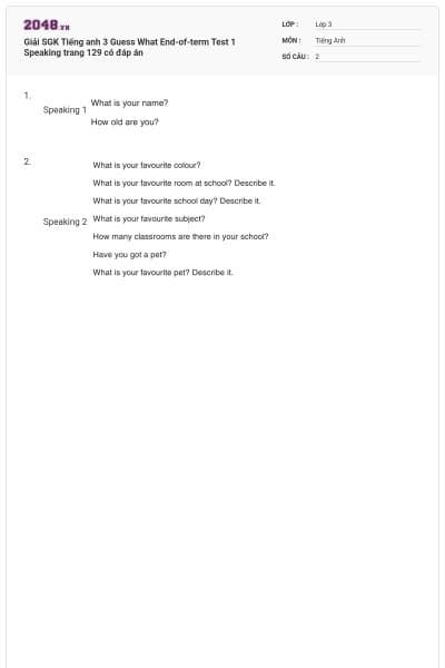 Giải SGK Tiếng anh 3 Guess What End-of-term Test 1 Speaking trang 129 có đáp án