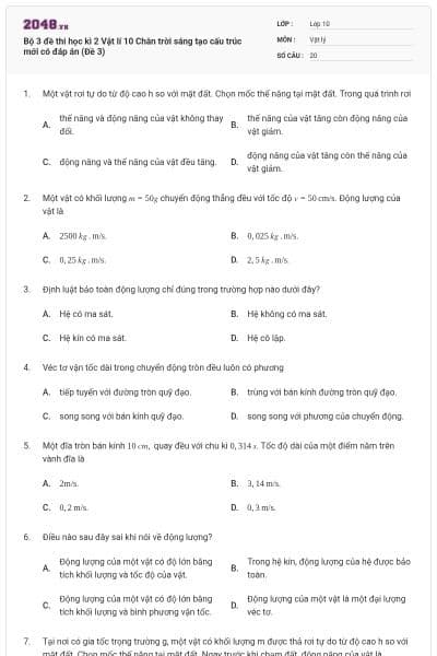 Bộ 3 đề thi học kì 2 Vật lí 10 Chân trời sáng tạo cấu trúc mới có đáp án (Đề 3)