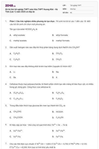 Đề thi thử tốt nghiệp THPT môn Hóa THPT Hương Khê - Hà Tĩnh (Lần 1) năm 2025 có đáp án