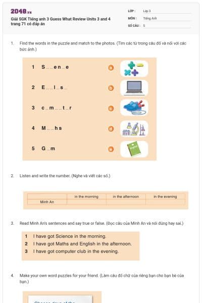 Giải SGK Tiếng anh 3 Guess What Review Units 3 and 4 trang 71 có đáp án