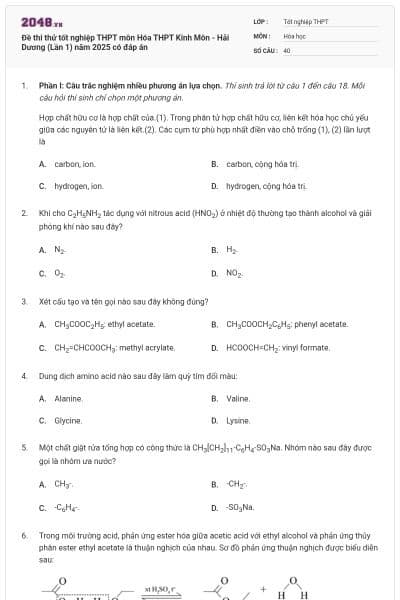 Đề thi thử tốt nghiệp THPT môn Hóa THPT Kinh Môn - Hải Dương (Lần 1) năm 2025 có đáp án