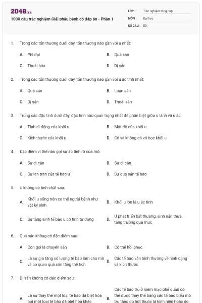 1000 câu trắc nghiệm Giải phẫu bệnh có đáp án - Phần 1