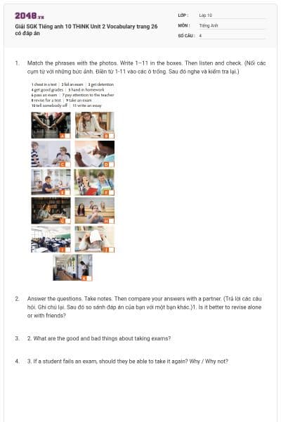 Giải SGK Tiếng anh 10 THiNK Unit 2 Vocabulary trang 26 có đáp án