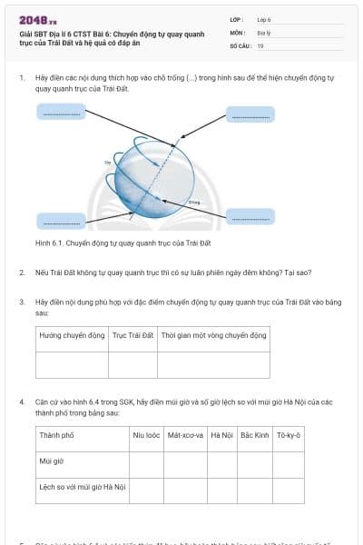 Giải SBT Địa lí 6 CTST Bài 6: Chuyển động tự quay quanh trục của Trái Đất và hệ quả có đáp án