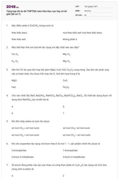 Tổng hợp đề ôn thi THPTQG môn Hóa Học cực hay có lời giải (Đề số 7)