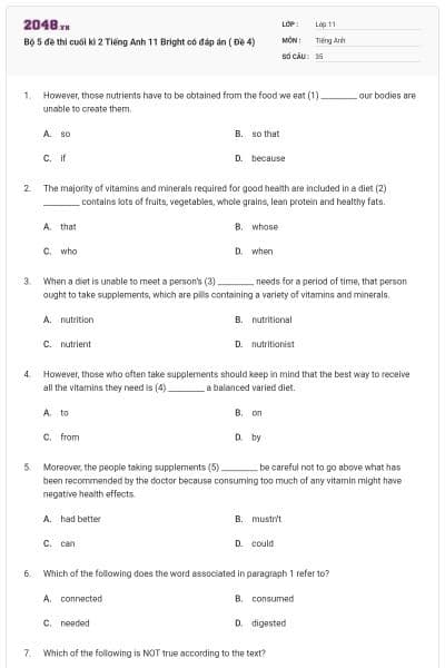 Bộ 5 đề thi cuối kì 2 Tiếng Anh 11 Bright có đáp án ( Đề 4)