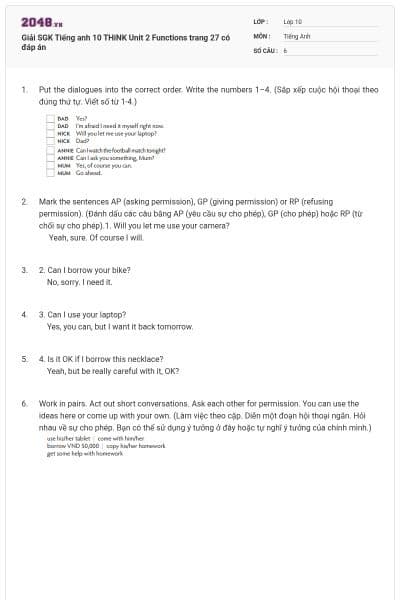 Giải SGK Tiếng anh 10 THiNK Unit 2 Functions trang 27 có đáp án