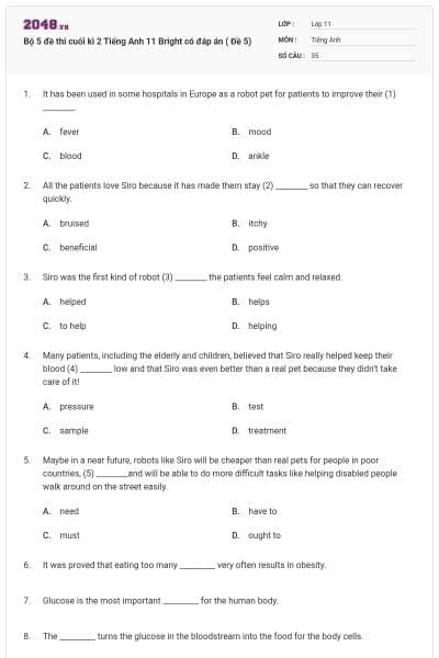 Bộ 5 đề thi cuối kì 2 Tiếng Anh 11 Bright có đáp án ( Đề 5)