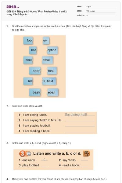 Giải SGK Tiếng anh 3 Guess What Review Units 1 and 2 trang 45 có đáp án