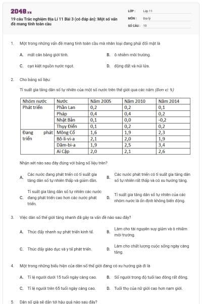 19 câu  Trắc nghiệm Địa Lí 11 Bài 3 (có đáp án): Một số vấn đề mang tính toàn cầu