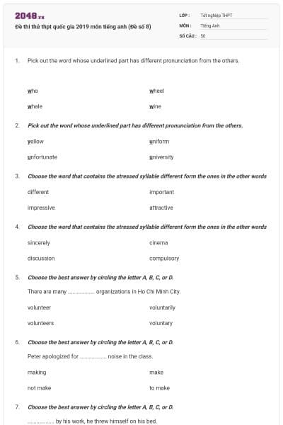 Đề thi thử thpt quốc gia 2019 môn tiếng anh (Đề số 8)
