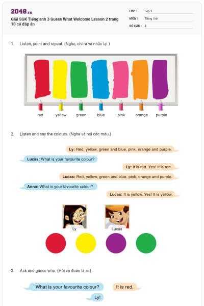 Giải SGK Tiếng anh 3 Guess What Welcome Lesson 2 trang 10 có đáp án