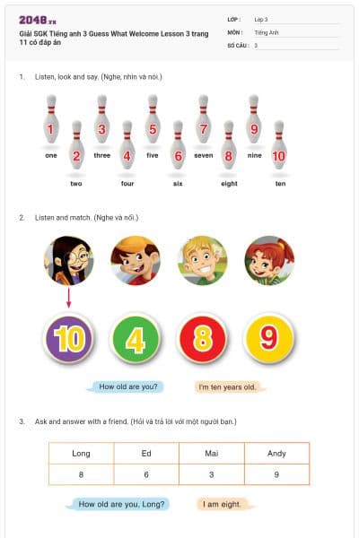 Giải SGK Tiếng anh 3 Guess What Welcome Lesson 3 trang 11 có đáp án