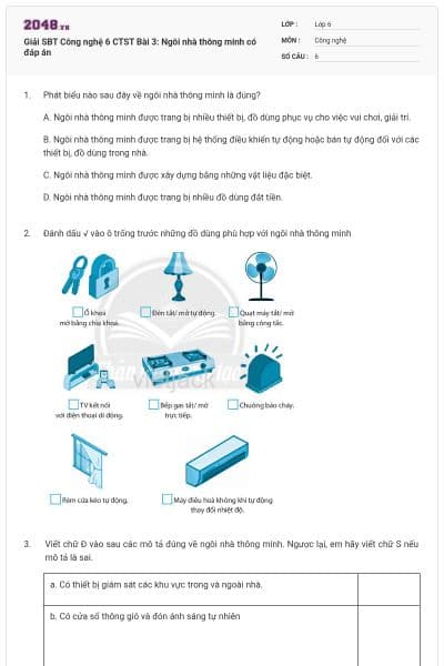 Giải SBT Công nghệ 6 CTST Bài 3: Ngôi nhà thông minh  có đáp án