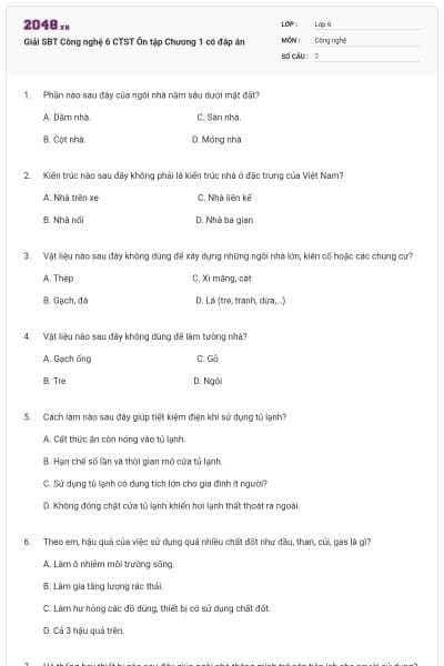 Giải SBT Công nghệ 6 CTST Ôn tập Chương 1 có đáp án