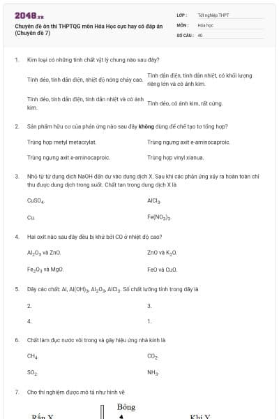 Chuyên đề ôn thi THPTQG môn Hóa Học cực hay có đáp án (Chuyên đề 7)