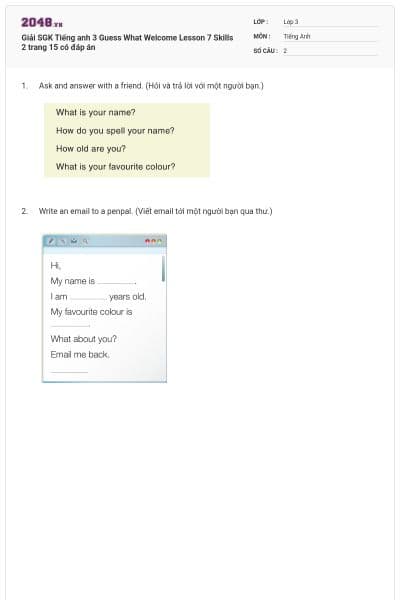 Giải SGK Tiếng anh 3 Guess What Welcome Lesson 7 Skills 2 trang 15 có đáp án