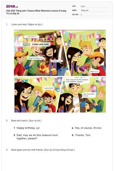 Giải SGK Tiếng anh 3 Guess What Welcome Lesson 8 trang 16 có đáp án