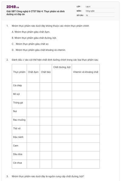 Giải SBT Công nghệ 6 CTST  Bài 4: Thực phẩm và dinh dưỡng có đáp án