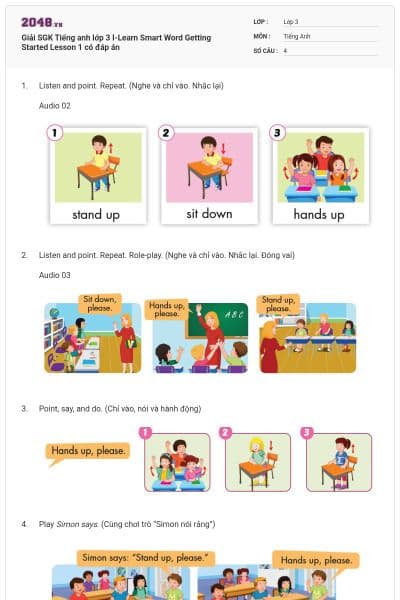 Giải SGK Tiếng anh lớp 3 I-Learn Smart Word Getting Started Lesson 1 có đáp án