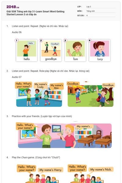 Giải SGK Tiếng anh lớp 3 I-Learn Smart Word Getting Started Lesson 3 có đáp án