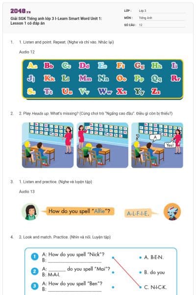 Giải SGK Tiếng anh lớp 3 I-Learn Smart Word Unit 1: Lesson 1 có đáp án