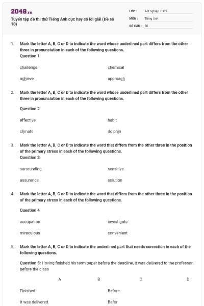 Tuyển tập đề thi thử Tiếng Anh cực hay có lời giải (Đề số 10)
