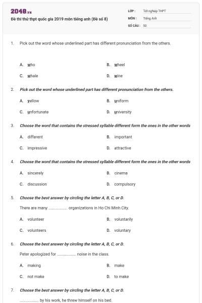 Đề thi thử thpt quốc gia 2019 môn tiếng anh (Đề số 8)