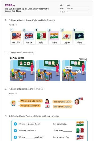 Giải SGK Tiếng anh lớp 3 I-Learn Smart Word Unit 1: Lesson 2 có đáp án