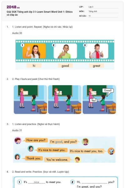 Giải SGK Tiếng anh lớp 3 I-Learn Smart Word Unit 1: Ethics có đáp án