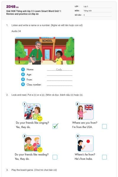 Giải SGK Tiếng anh lớp 3 I-Learn Smart Word Unit 1: Review and practice có đáp án