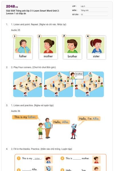 Giải SGK Tiếng anh lớp 3 I-Learn Smart Word Unit 2: Lesson 1 có đáp án
