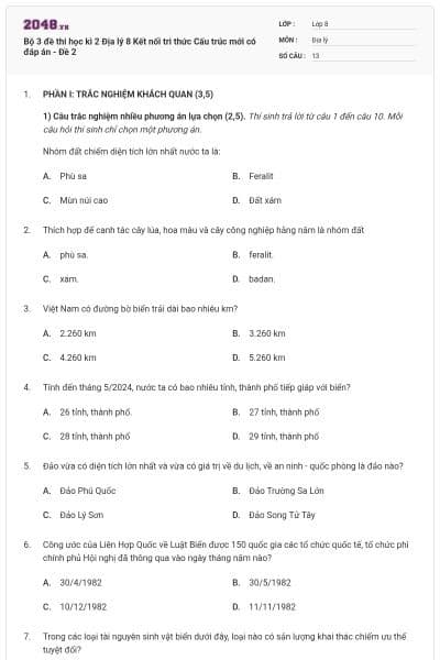 Bộ 3 đề thi học kì 2 Địa lý 8 Kết nối tri thức Cấu trúc mới có đáp án - Đề 2