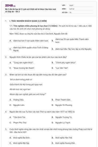 Bộ 3 đề thi học kì 2 Lịch sử 8 Kết nối tri thức Cấu trúc mới có đáp án - Đề 3