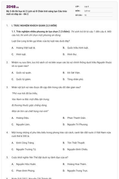 Bộ 3 đề thi học kì 2 Lịch sử 8 Chân trời sáng tạo Cấu trúc mới có đáp án - Đề 2